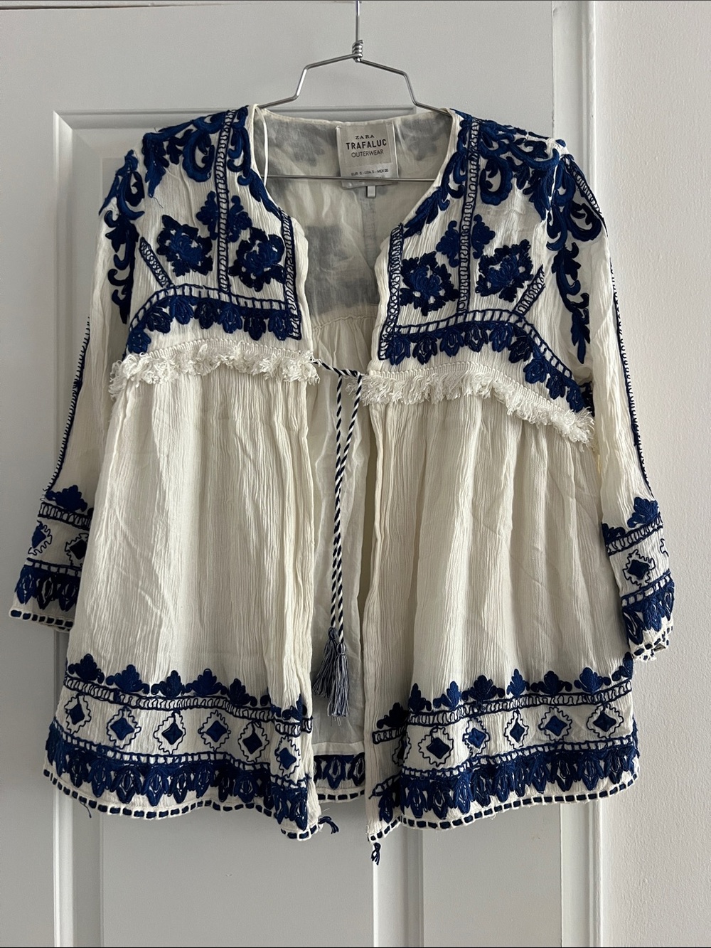 Zara Trafaluc White Boho Embroidered Jacket with Navy Trim